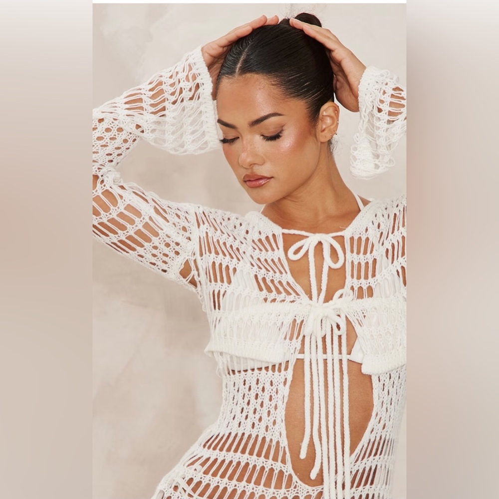White Crochet Knit Crop Top Front Tie Long Sleeve